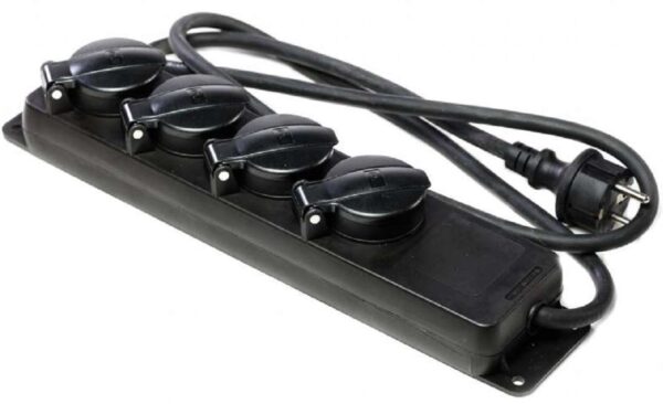 Schuko-Verteiler 4-fach Outdoor, schwarz 3G1,5  1,4m Länge  |  1€ Miete / Einsatz-Tag