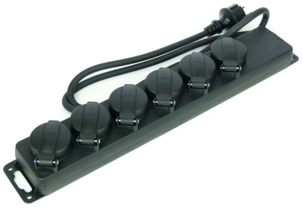 Schuko-Verteiler 6-fach Outdoor, schwarz 3G1,5  1,4m Länge  |   1€ Miete / Einsatz-Tag